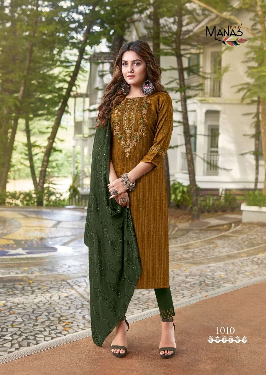 Manas Fab-  Sparkle Vol.2-Fabrics- Chinon Weaving-Embroidery-work-Kurti-Handwork-Full Inner-Rayon Slub Lycra-Pant-Chanderi Viscose-Crochet Work-Dupatta-1010